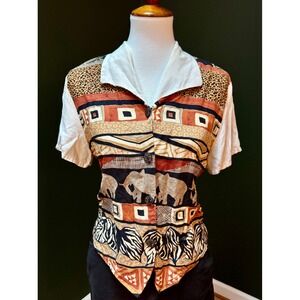 Vintage‎ Michele Leslie Animal Print Button Down Short Sleeve Blouse Women's M